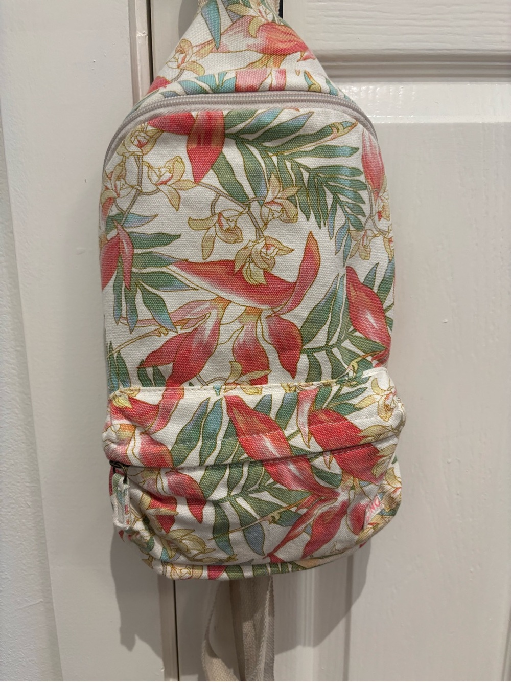 Billabong Floral Sling Backpack in White, Coral and Green
